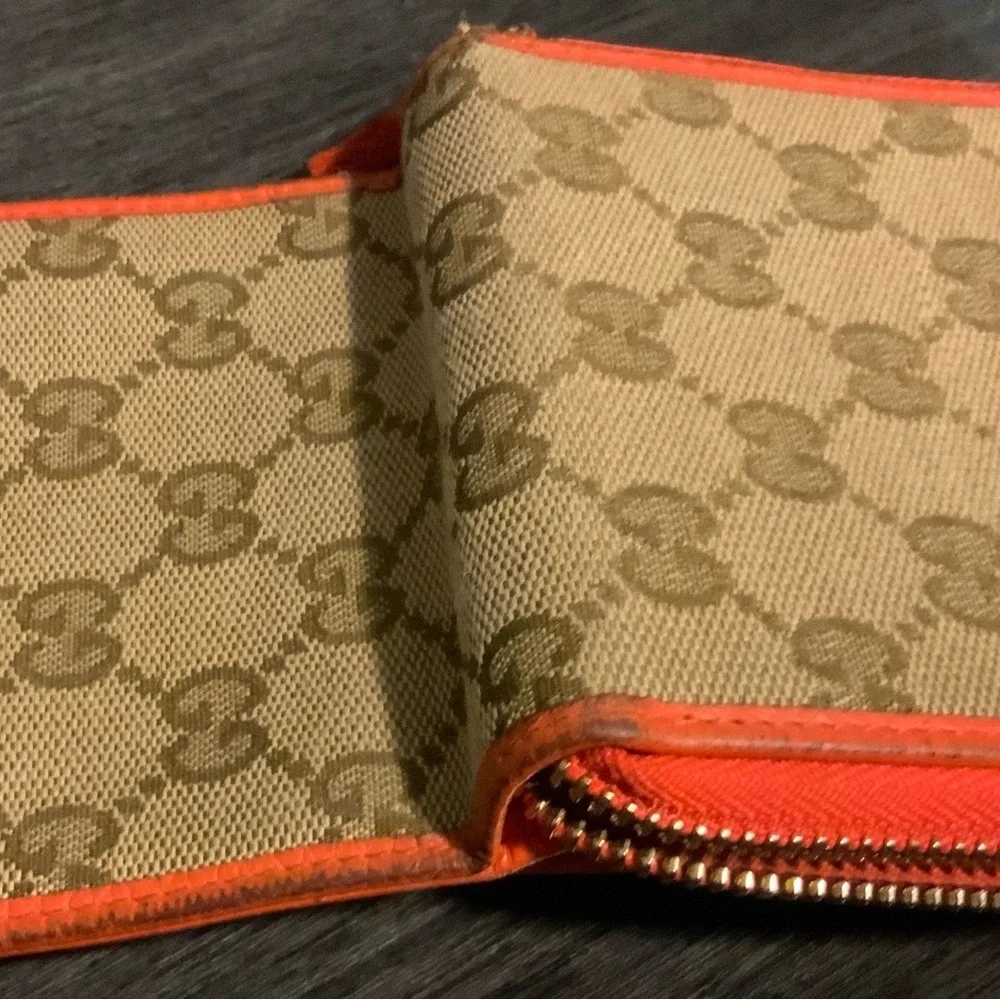 Gucci Signature Monogram Canvas Wallet with Orange Leather Trim
